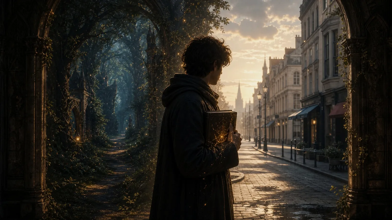 A person standing at the threshold between a dark forest and a lit street, holding a book and a small light