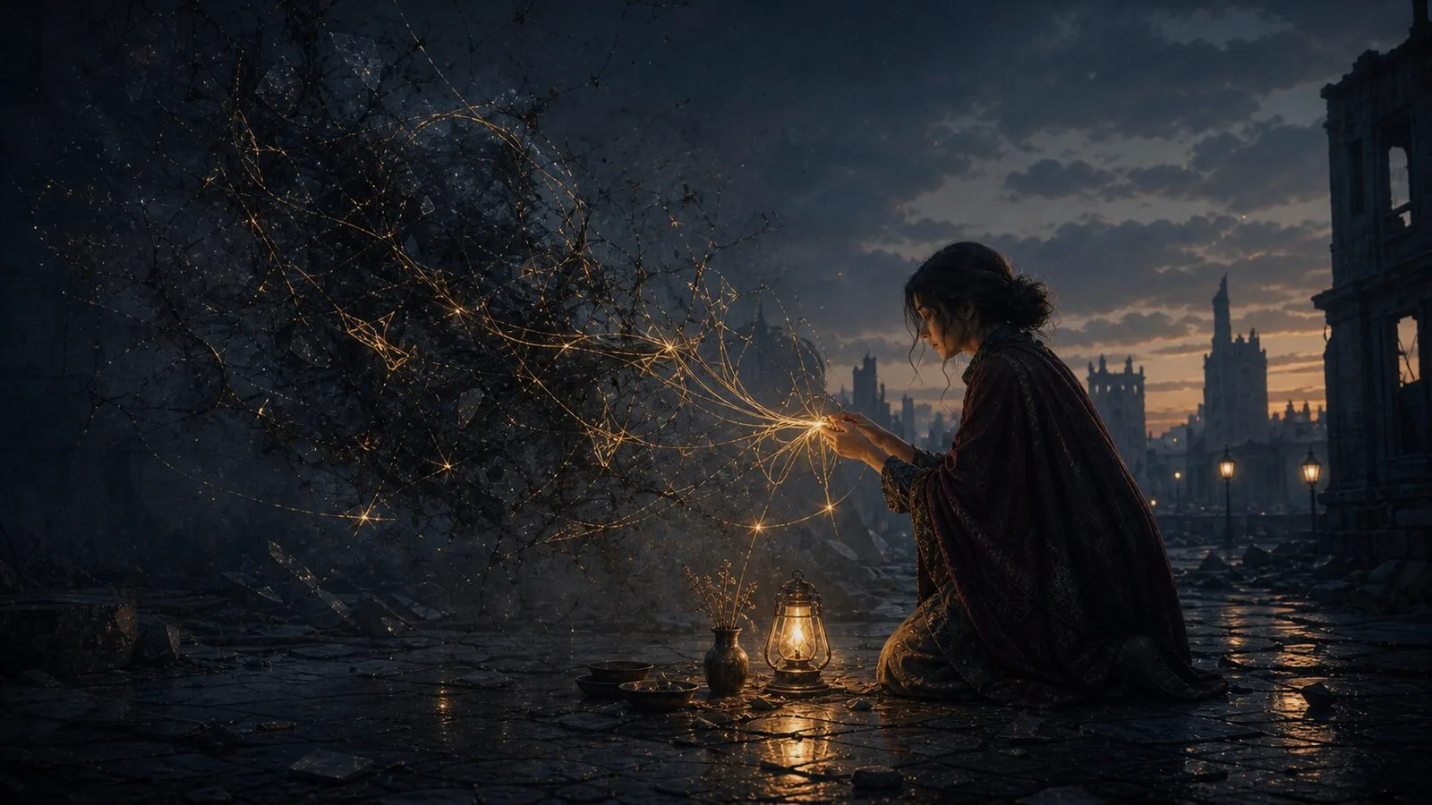 A quiet human figure mending a dark wound in a ruined city with threads of light