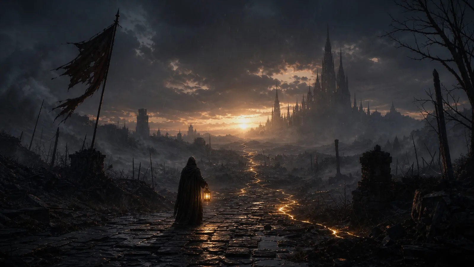 A solitary traveler holding a small lantern on a ruined rain-soaked road beneath a stormy sky