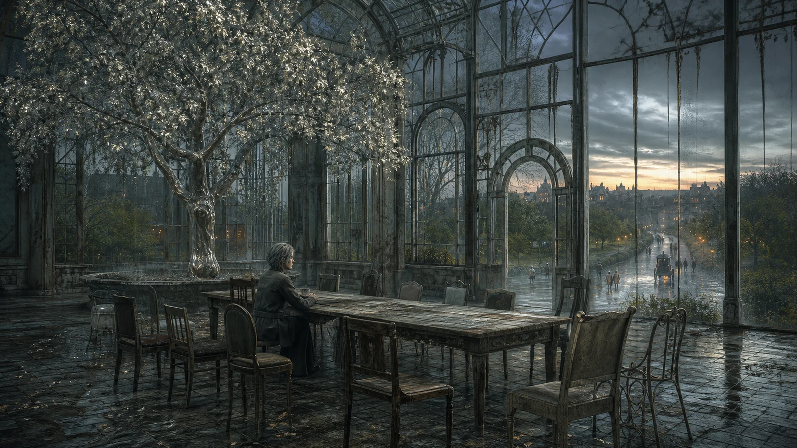 An ageless person sits alone at a long table in a weathered glasshouse beside a seasonless silver tree while people move through the living city outside