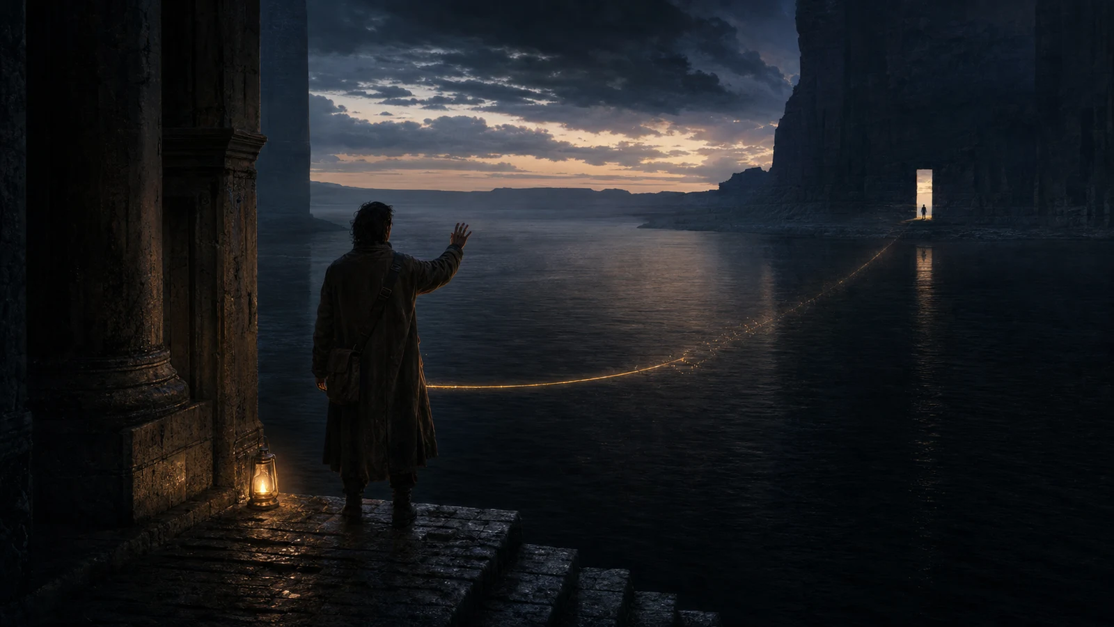 A traveler beside a lantern raises a hand across dark water toward a distant figure as a broken golden thread stops short of the bright doorway