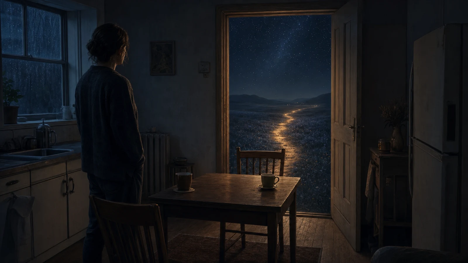 A person stands in a predawn kitchen beside two cups and an empty chair as an open door reveals a golden path across a starlit field