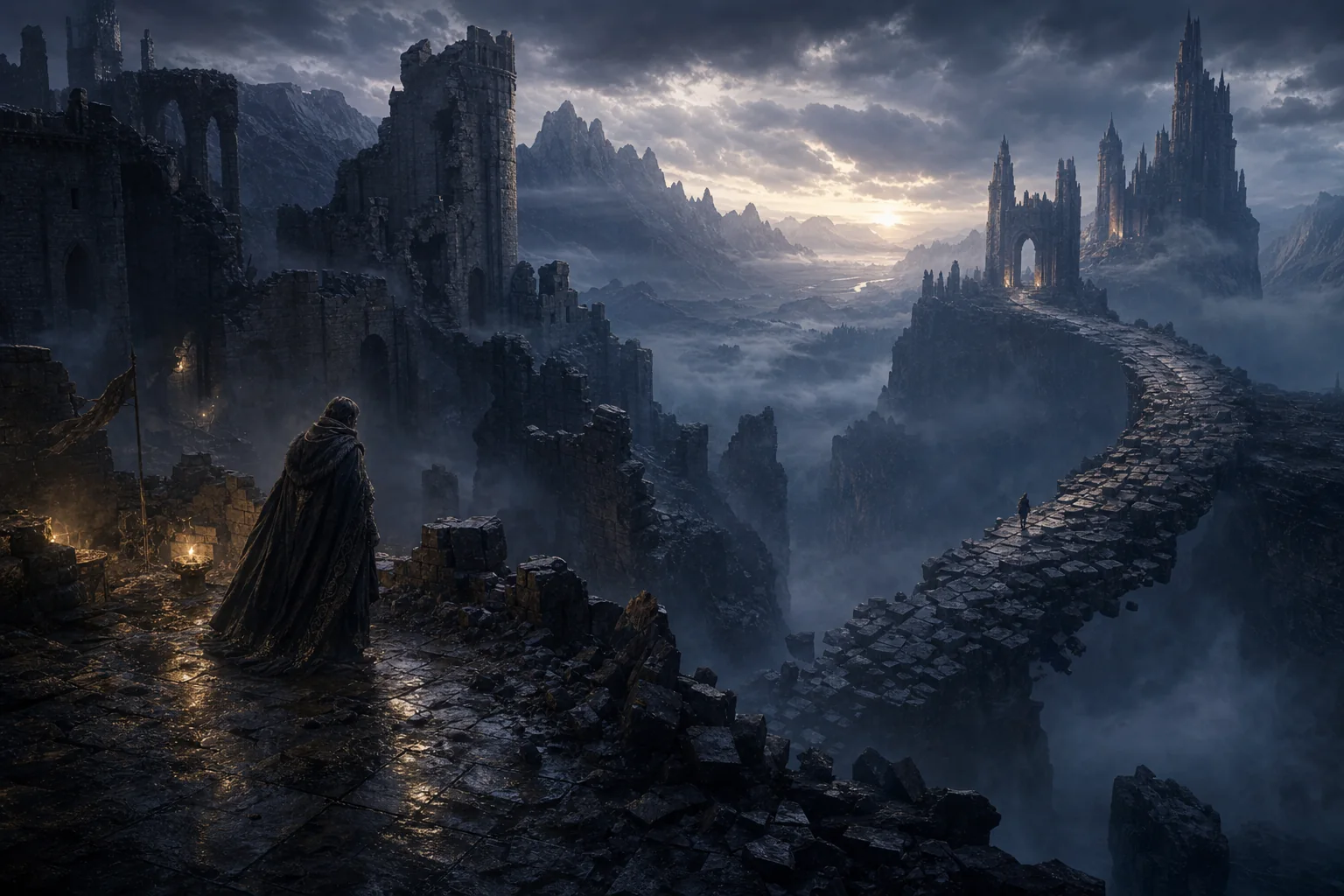 A lone ruler stands in a ruined gateway and sees that the wall built to stop the future has become its bridge