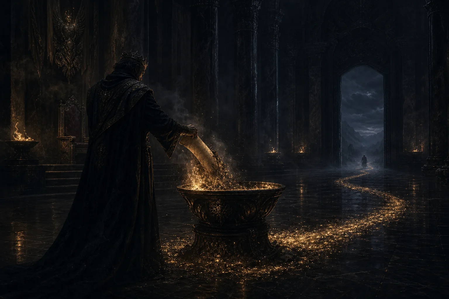 A ruler burns a prophetic scroll in a dark hall, and its ashes become a road leading back to his crown