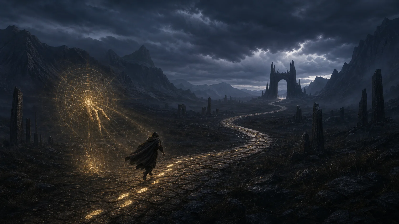 A cloaked traveler flees a glowing sign while their footprints become a road curving back toward it
