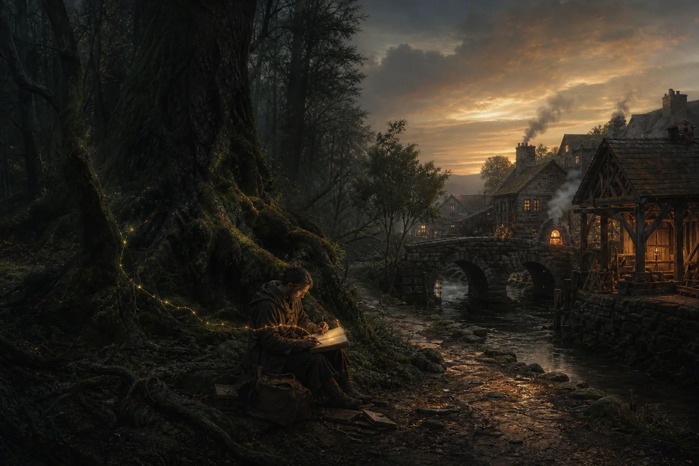 La frontera entre un bosque antiguo y un asentamiento humano al anochecer, atravesada por un hilo de luz que pasa de las raíces de un árbol a las páginas del libro que sostiene una persona