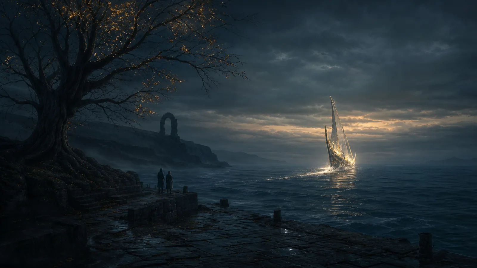 El barco luminoso de los seres antiguos se aleja de una costa oscura al anochecer, mientras dos personas lo observan junto a un árbol con sus últimas hojas doradas