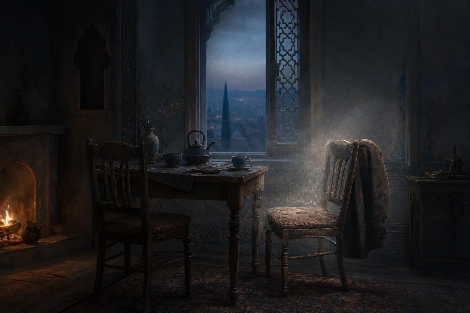 An empty chair, a cold cup, and a shaft of light giving weight and form to a person's absence