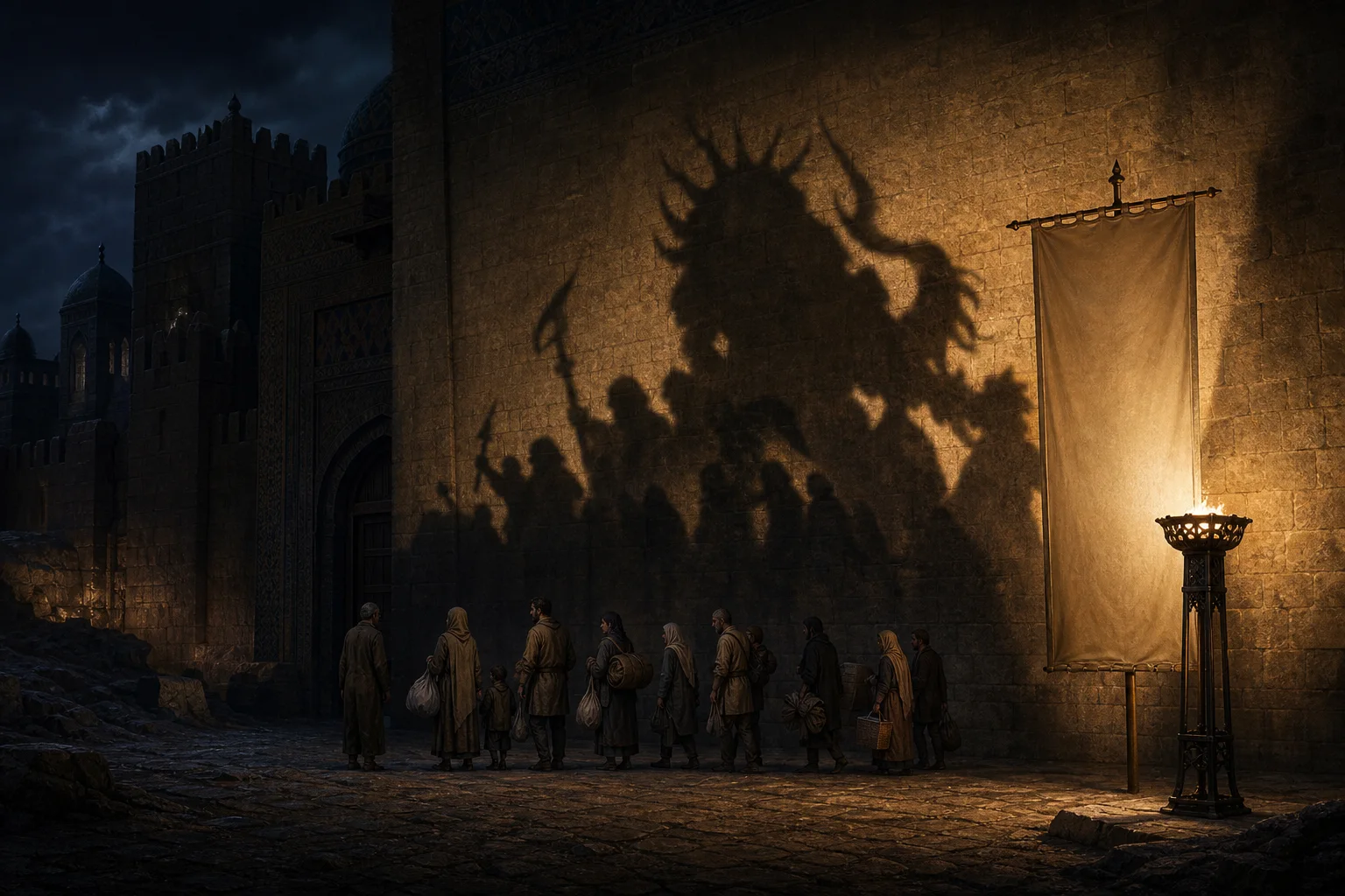 Ordinary people behind a gate as light and an empty banner cast a monstrous shadow of them on the wall