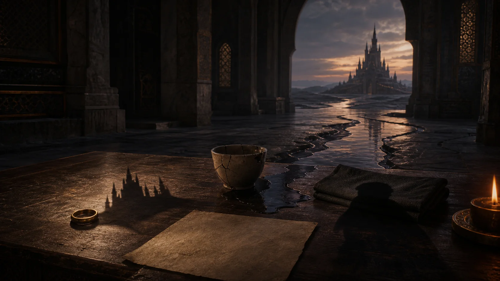Simple objects on a dark table whose shadows and reflections become a river, a fortress, and a human presence