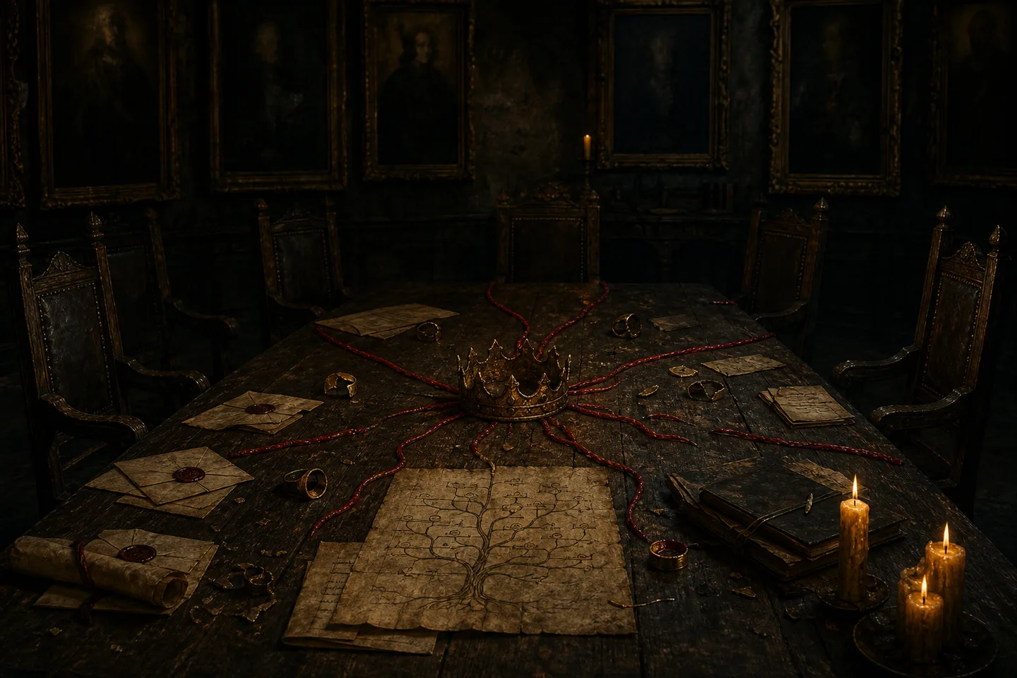 A small crown on a council table, red lines of descent reaching empty chairs, and seals recording rival claims