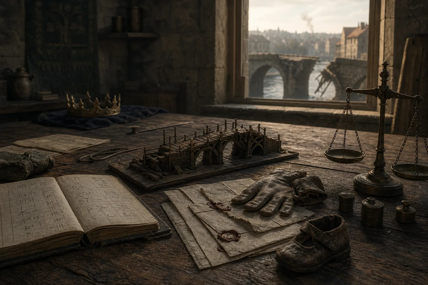A table prepared for the work of government, with a ledger, scales of justice, a model of a broken bridge, and a small crown placed farthest away