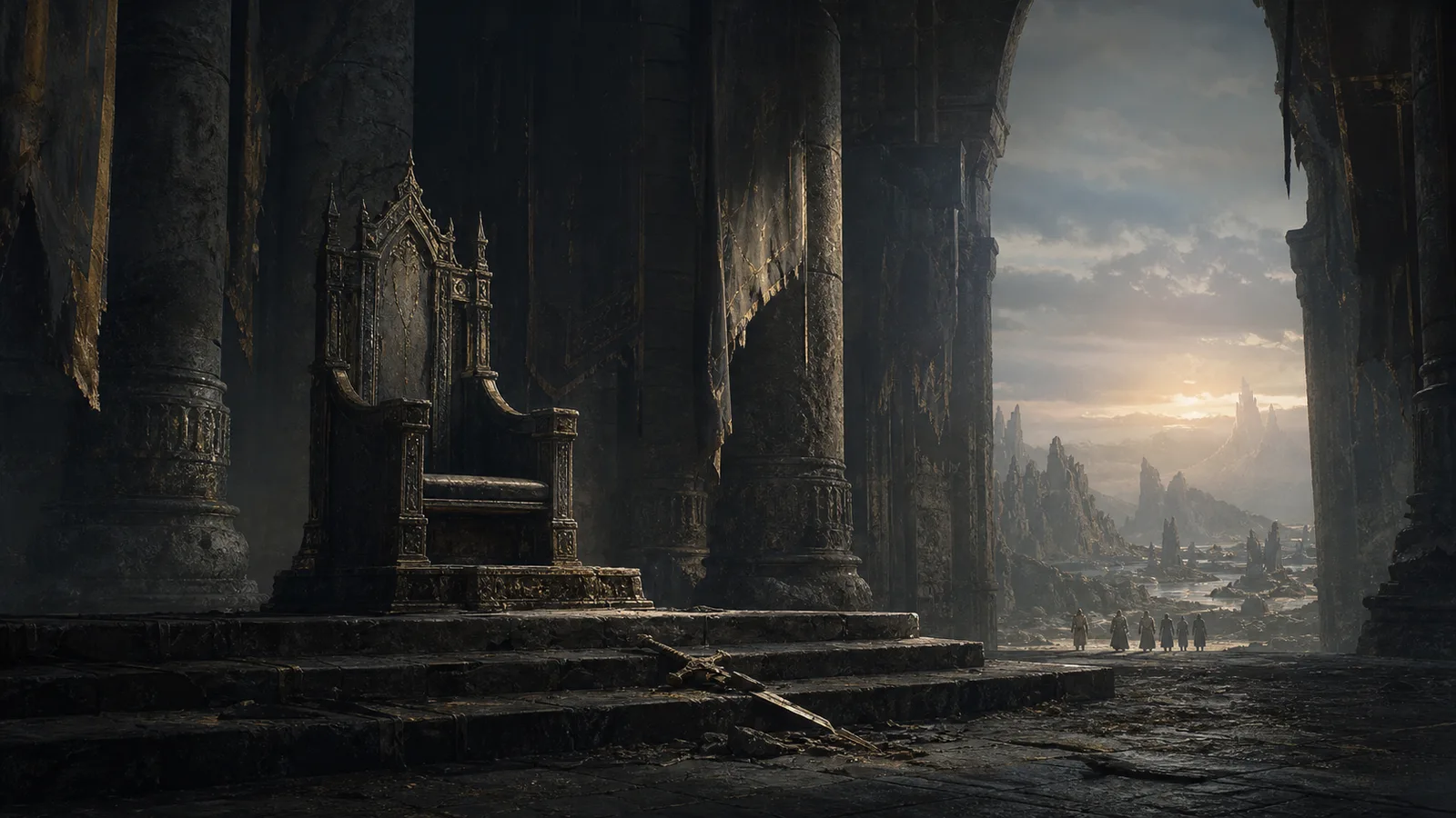 An empty throne in a ruined hall, a broken sword on the steps, and small travelers at the threshold of a wounded world