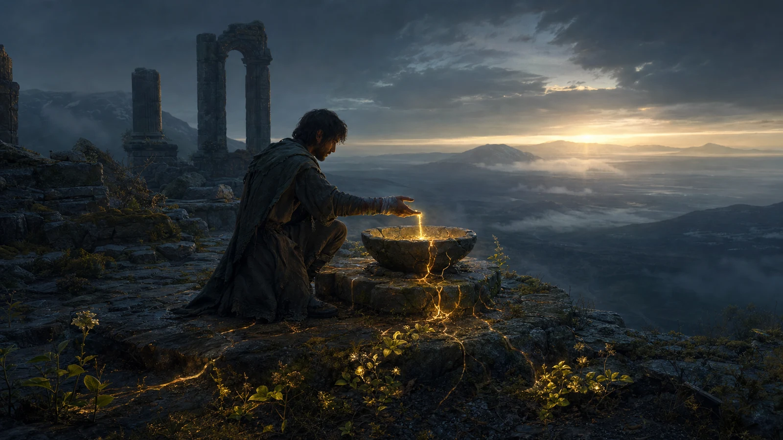 A traveler with a bandaged arm returns golden light to a cracked stone basin as dawn reaches the valley