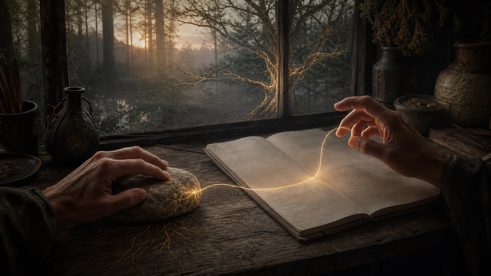 Two hands link a river stone and a blank book with a golden thread beside a forest window