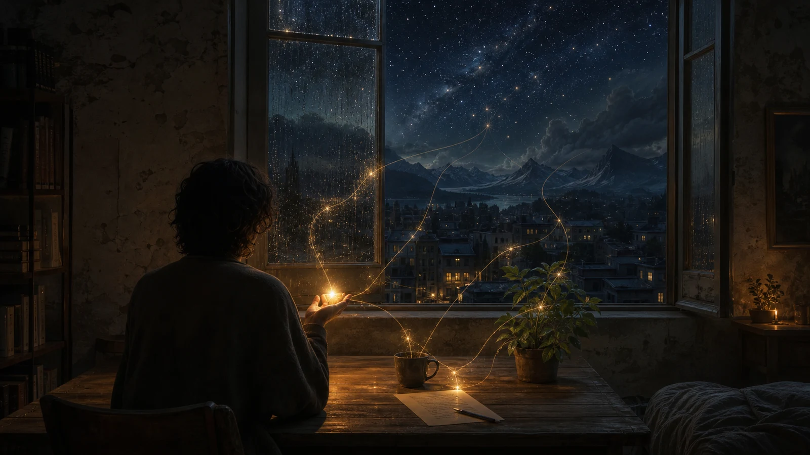 A person at a worn table holds a small golden light while a rain-dark city and impossible mountains open beyond the window
