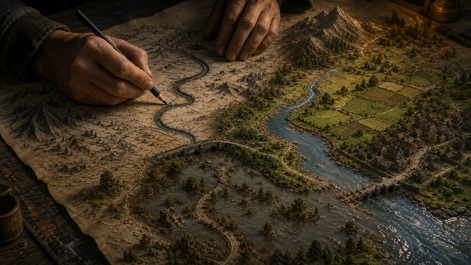 Hands alter one river on a map as a miniature city and its weather change around it