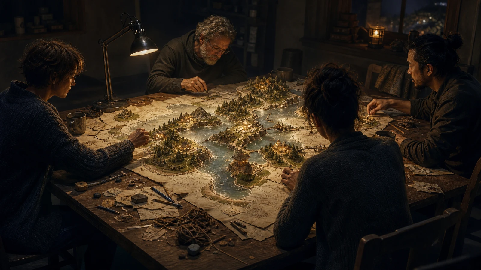 A small group builds a shared paper world whose islands rise in lantern light