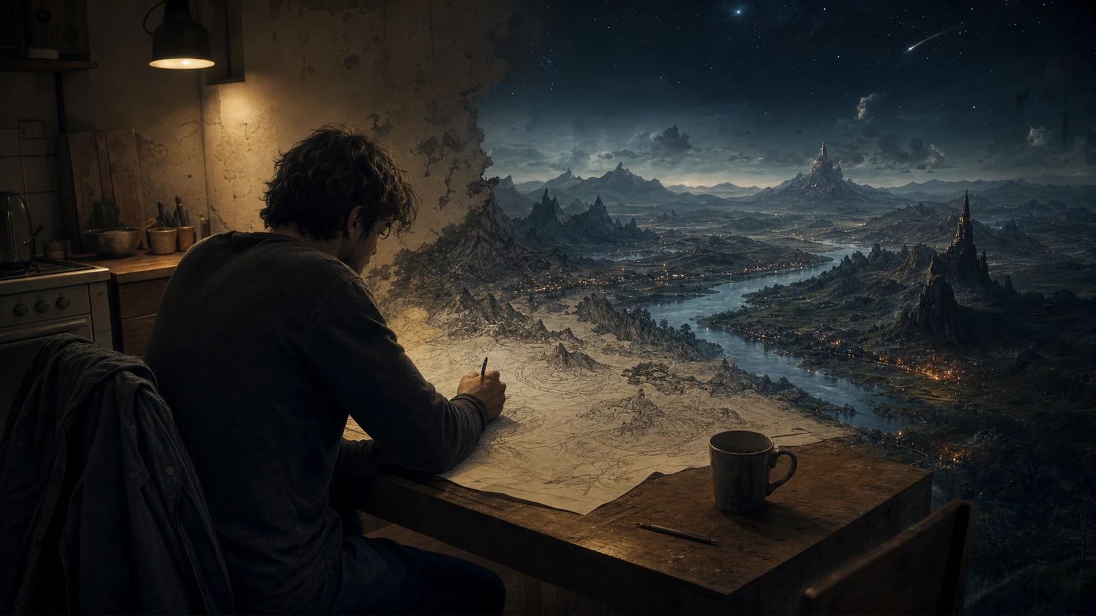 A tired mapmaker at a kitchen table watches a hand-drawn world open beyond the apartment wall