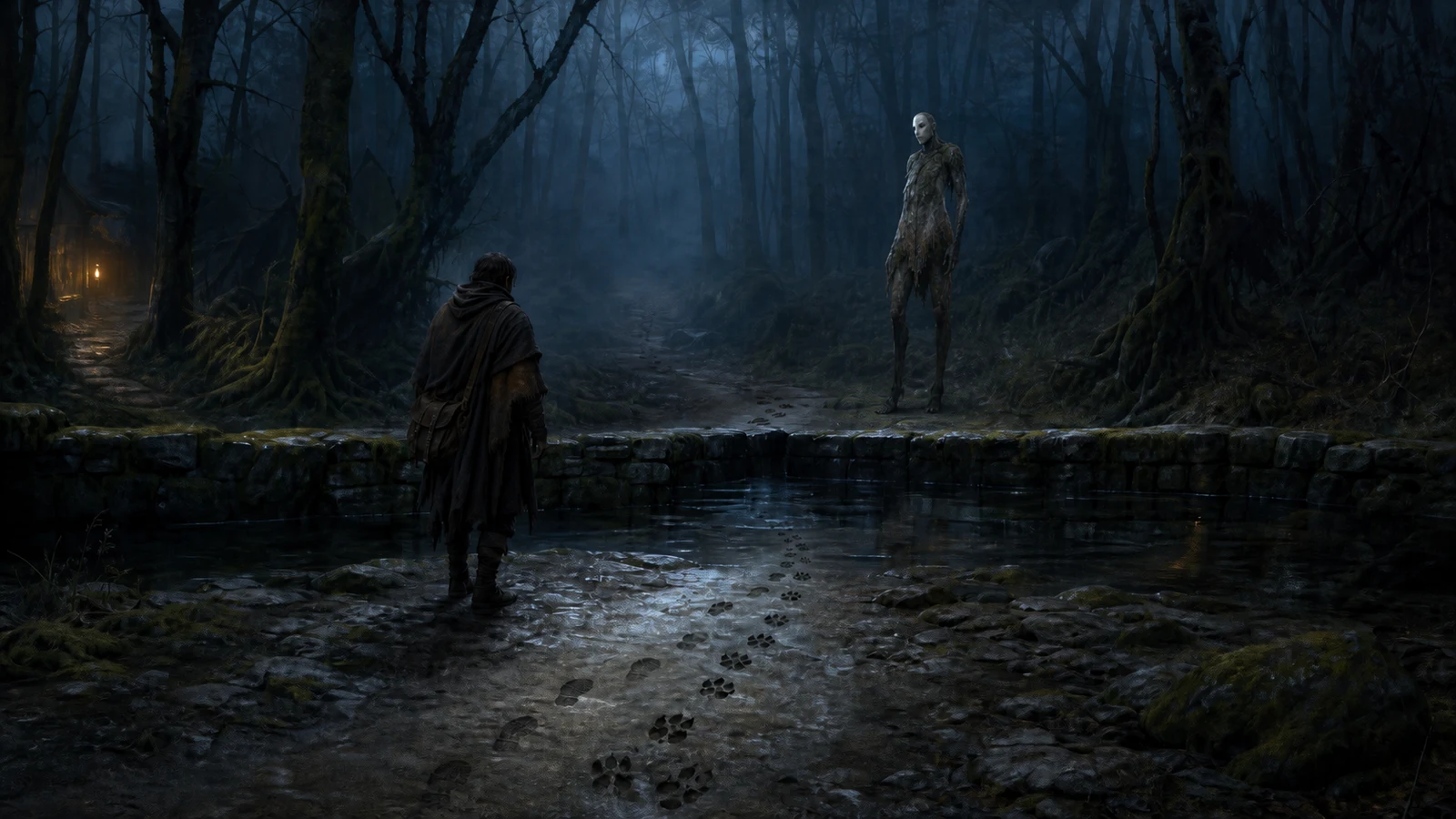 A cloaked traveler faces a tall pale tree-skinned figure across a moonlit forest pool while human and animal tracks meet in the mud