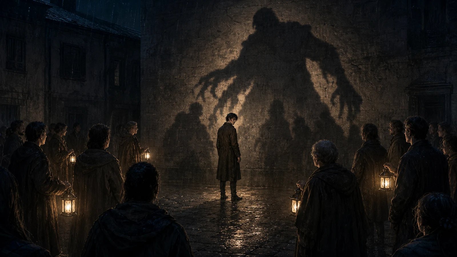 A lantern-bearing crowd surrounds a lone man in a rain-dark courtyard while a huge clawed shadow looms behind him on the wall