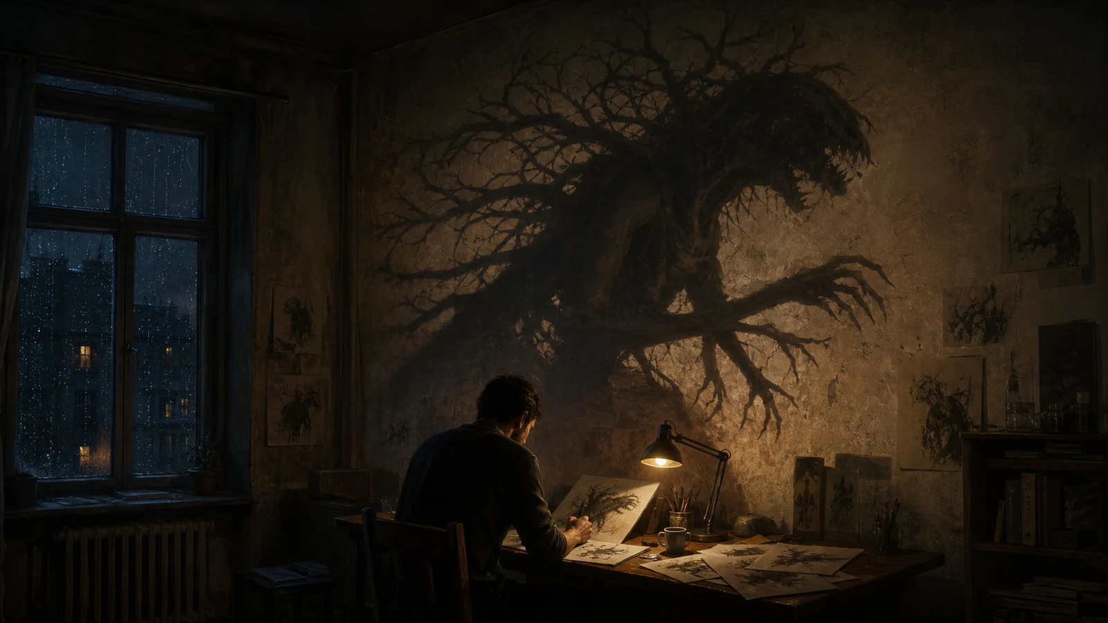 An ordinary artist draws at a rainy-night desk while the sketch casts a vast branchlike monster shadow across the wall